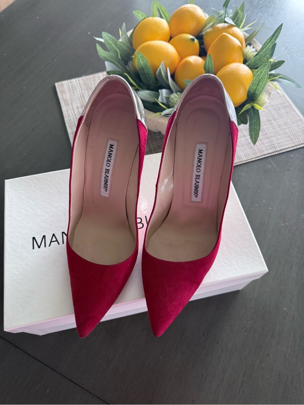 Manolo Blahnik Red Suede and Silver leather Heels size 7
